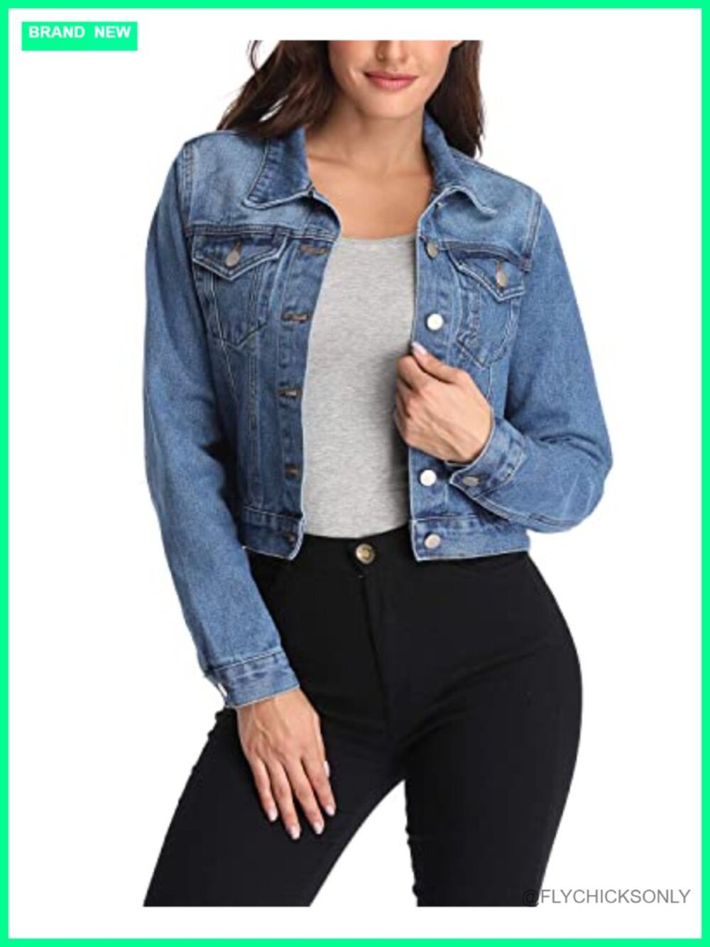 Women's Cropped Denim Jacket Basic Button Down Long Sleeve Jean Shacket